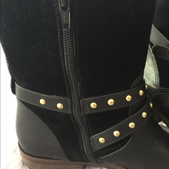 Black Coach boots with gold buckles and stud accents - Picture 3 of 7
